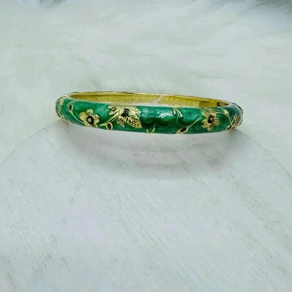 Green Flower Enamel Cloisonne Bracelet Bangle - Picture 4 of 8